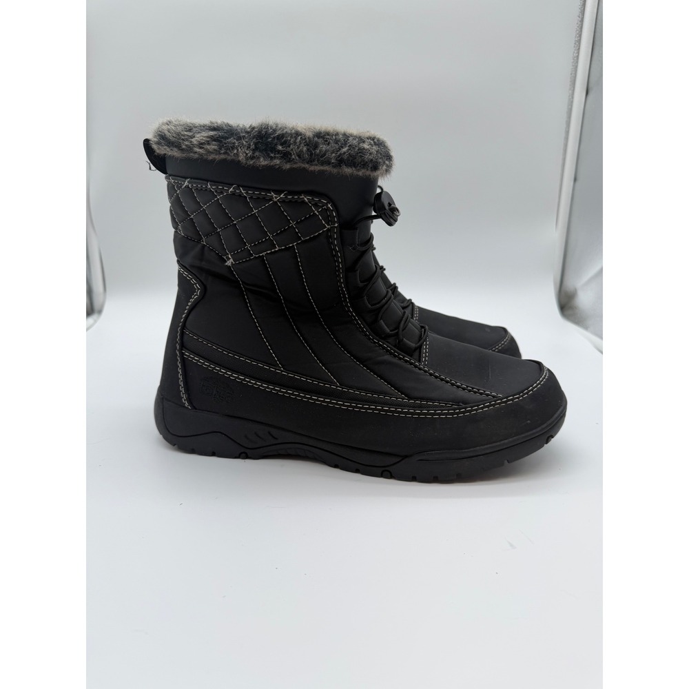 Totes Womens Black Quilted Faux Fur Trim Winter Snow Boots Size 11 Side Zip